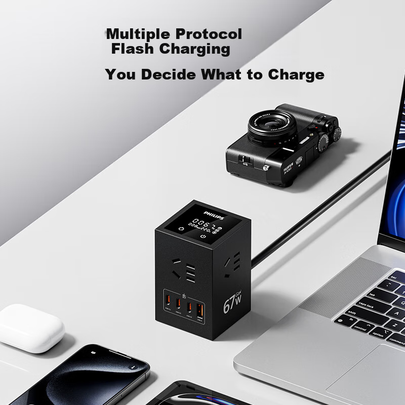 PHILIPS Desktop Charging Station, Gaming Power Strip, 67W Vertical Digital Display Socket, Gallium Nitride USB Outlet, Multifunctional Smart Fast Charging Extension Cord, Multi-Port Power Strip Suitable for IPhone 18