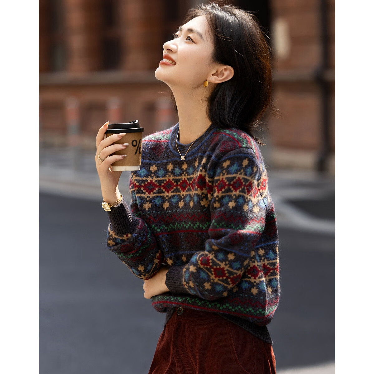 Demana [Fair Isle Jacquard] Winter Retro Colorblock Crewneck Loose Soft Fiber Yarn Knit Sweater for Women