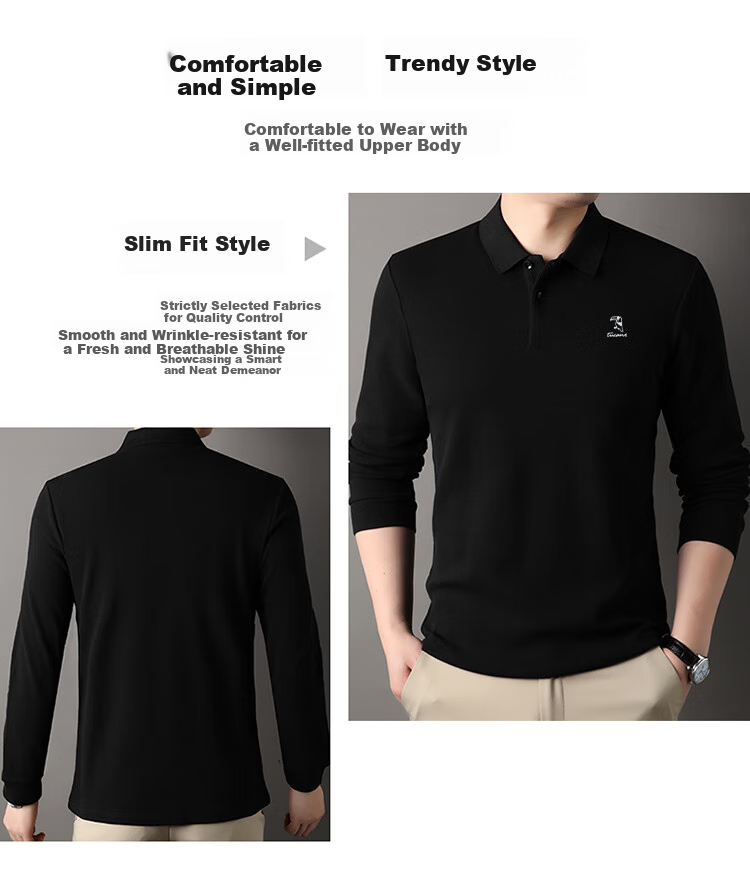 TUCANO Long-Sleeve Cotton Polo Shirt for Men, Business Casual Comfortable Versatile Top, Black, Size 4XL 2