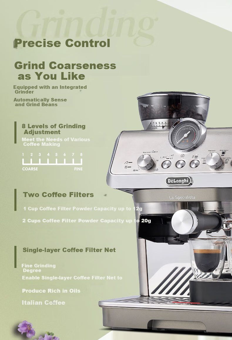 Delonghi Coffee Machine, Home Semi-Automatic Coffee Maker, Cold Brew Version Silver Knight Fresh-Grinding Italian Grinder All-In Machine, Manual/fully Automatic Milk Frother, EC9865.M Gift 7