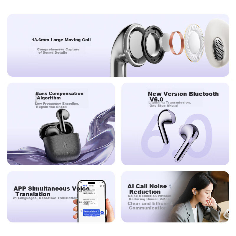 EDIFIER New Product Lolli Air True Wireless Bluetooth Earphones, Spatial Audio, Translation Earphones, Translation Device, Compatible with Apple Huawei Xiaomi Phones, Moonlight White, Graduation Gift