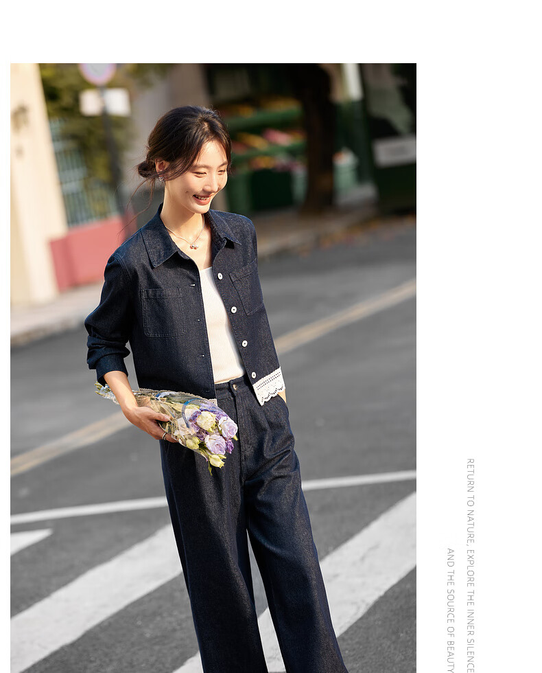 Fanshi Man Lace Trim Denim Set Women Autumn New Lapel Jacket and Pants Two-Piece Set Denim Blue XL 13