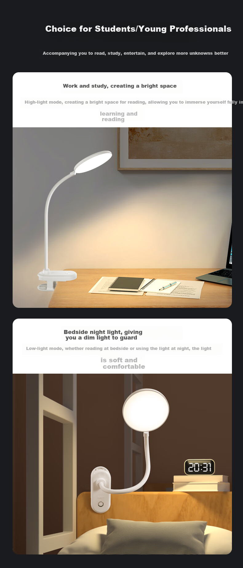 Haoshili Rechargeable Desk Lamp for Children, Students' Dormitory, Bedroom, Office, Work, Study, Reading, LED Bedside Lamp Clip-On Light 5