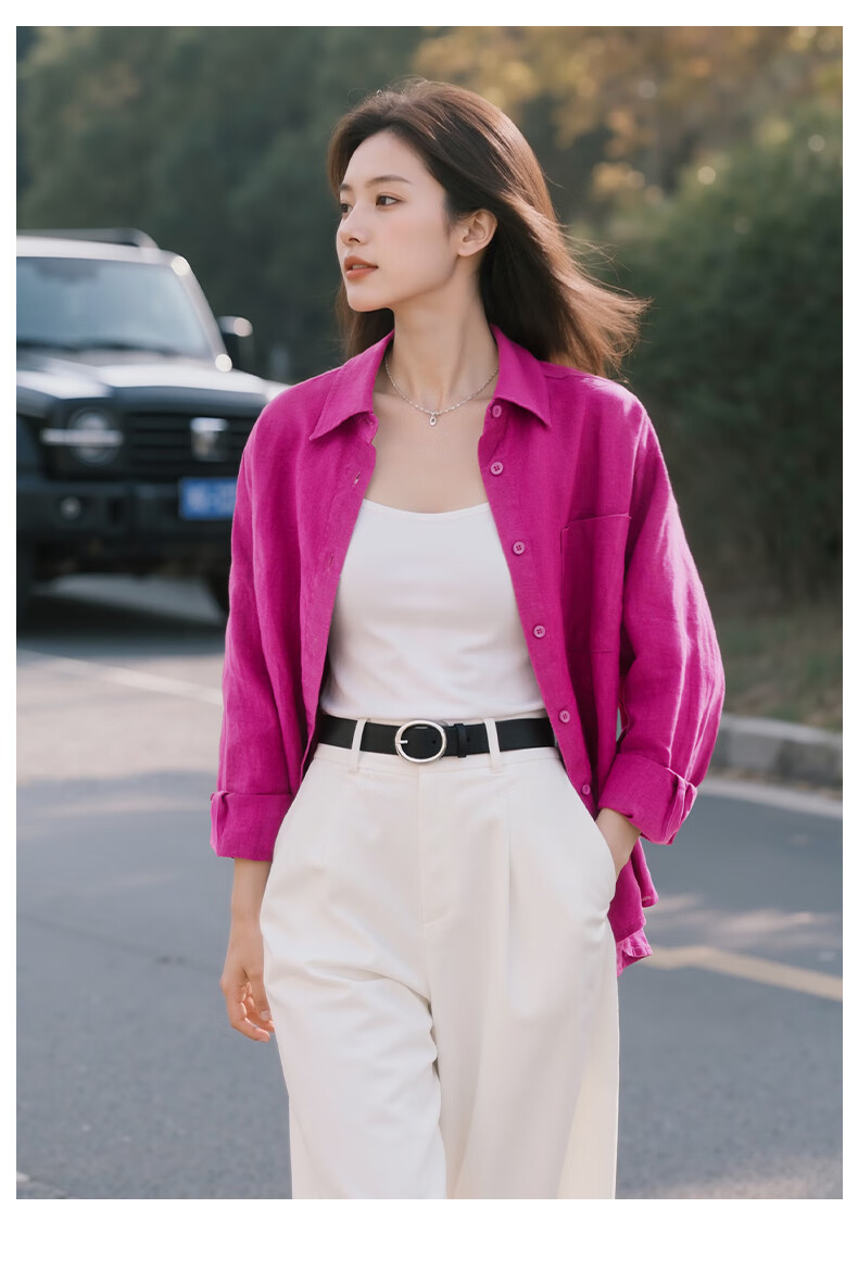 Fansiman Commuter Linen Long Sleeve Shirt Women Autumn New Simple Relaxed Fit Lapel Top Dragon Fruit Red M 5