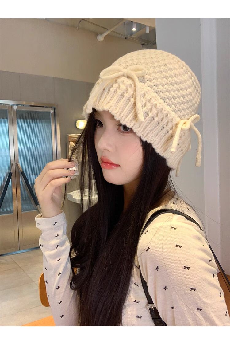 XUEXIMAN Ins Style Cute Bowknot Bucket Hat Women Versatile Sweet Knit Wool Hat Korean Autumn Winter New Hat 5
