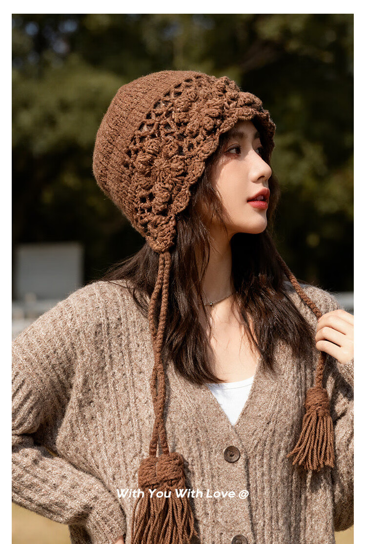 Zhenxiang Women's Spring Autumn Woolen Hat Flower Hand-Crocheted Knit Hat Travel Photo Outfit Birthday Gift Z868 3