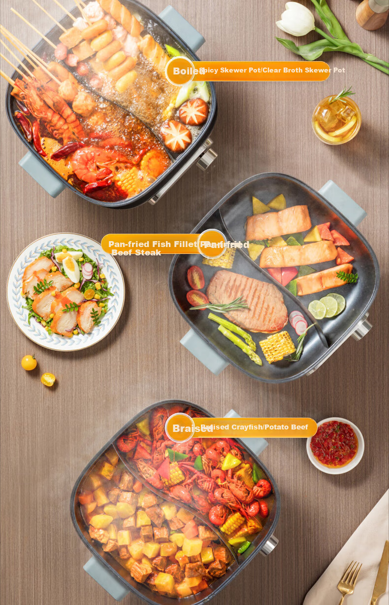 Midea Electric Hot Pot, Dual-Sided Pot for Home Use, 4-6 People, 6L Capacity, Titanium And Ceramic, Zero Fluorine, Antibacterial, Dormitory Style, Detachable Design, 9CM Deep, Multifunctional, Bionic Non-Stick Pot, New Electric Cooker, Self-Operated 13