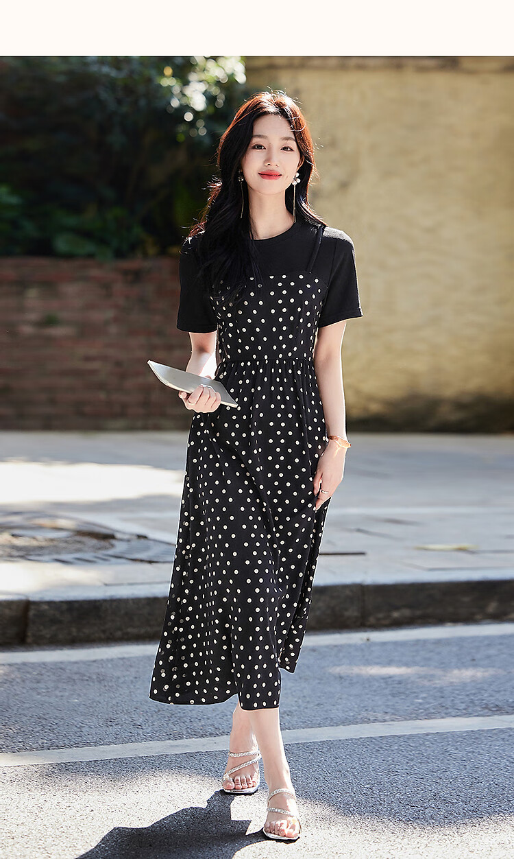 Demana Romantic Polka Summer Faux Two-Piece Spliced Polka Dot Chiffon Short Sleeve Waist Cinched Pleated Women's Dress 8