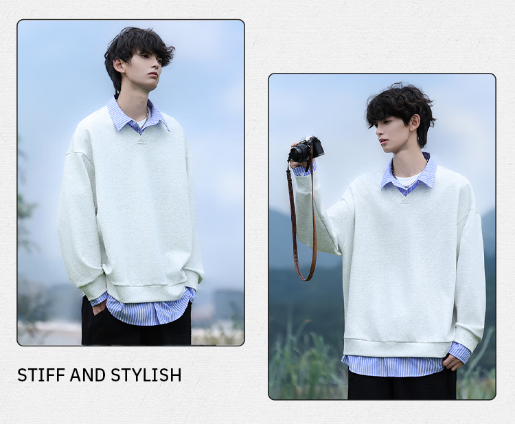 Homlean Casual Two-Piece Shirt Collar Color-Block Sweatshirt Men Autumn Winter Striped Loose Japanese Style HK05 Light Gray M 4