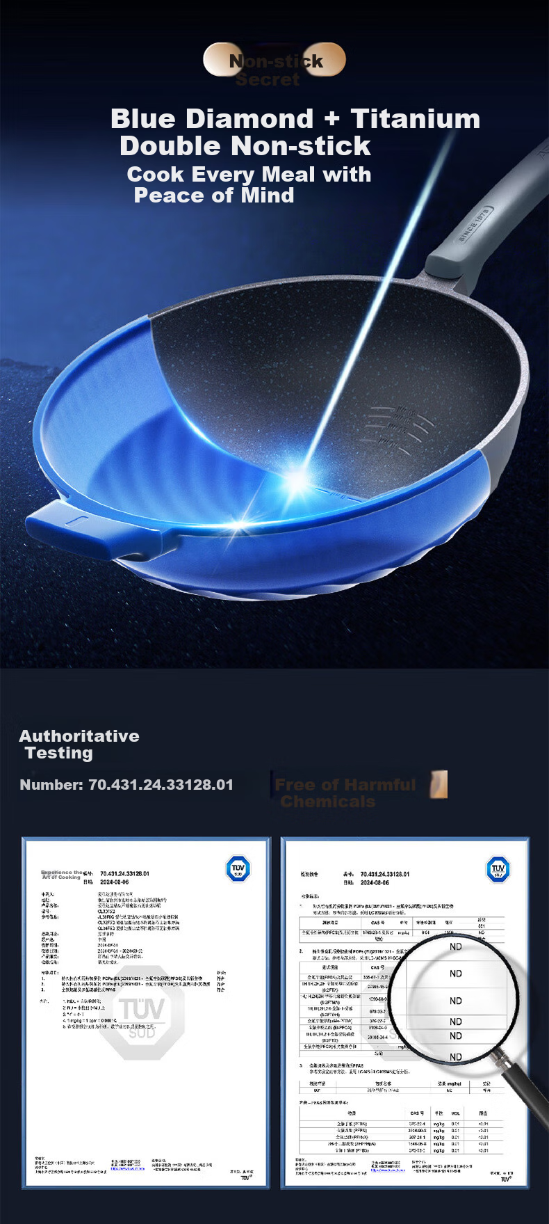ASD Non-Stick Frying Pan with Blue Diamond Titanium Coating, Magic Stone Non-Stick, Smokeless, 28CM, Compatible with Induction Cookers, F5Q 6