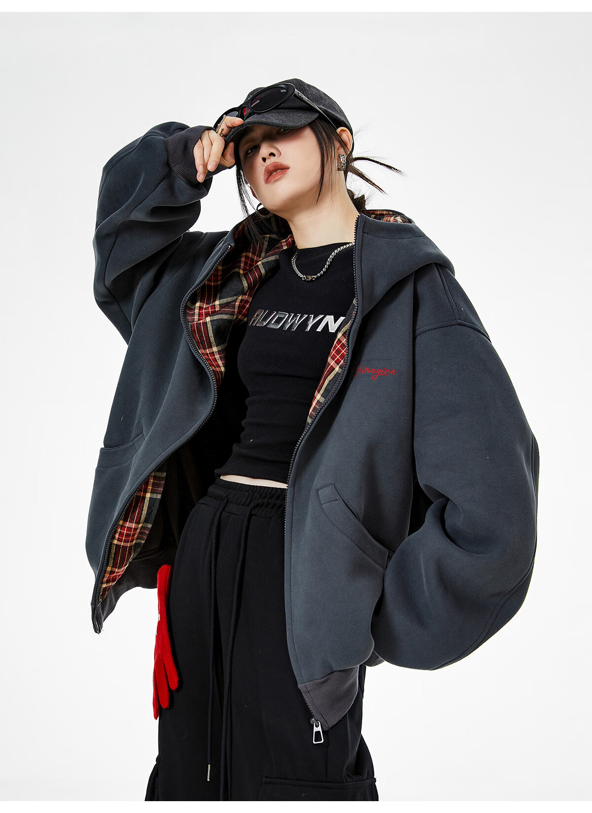 ICH MODE Celebrity Style American Plaid Patchwork Cardigan Sweatshirt Autumn Jacket Sports Cardigan Top Women Heather Gray XL 5
