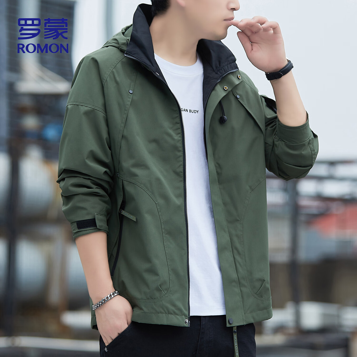 ROMON Men's Jacket Autumn Winter Business Casual Soft Comfortable Executive Windproof Outdoor Sports Hooded Coat V6 Military 4X