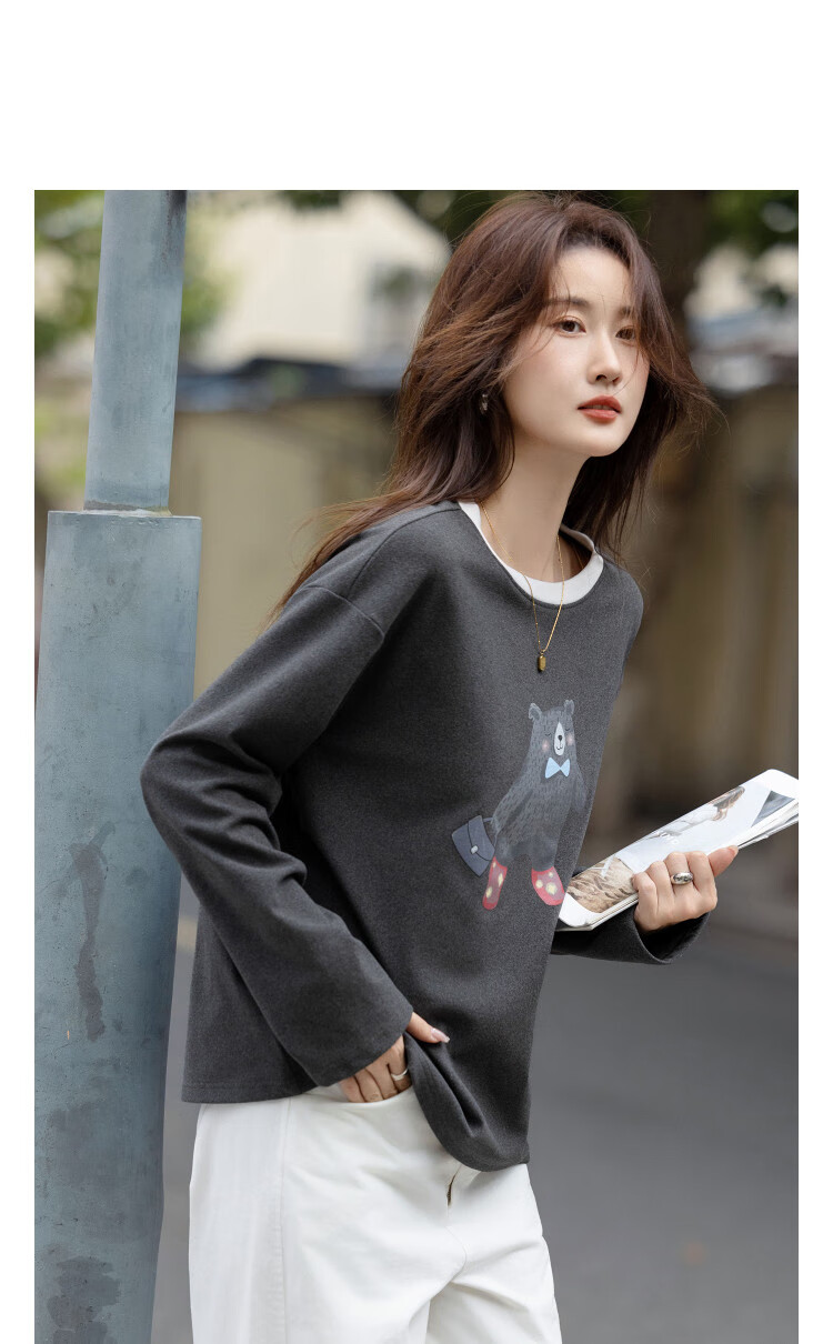 Demana 280G Thermal Velvet Warm Winter Korean Style Colorblock Crewneck Bear Print Petite Women's T-Shirt 1