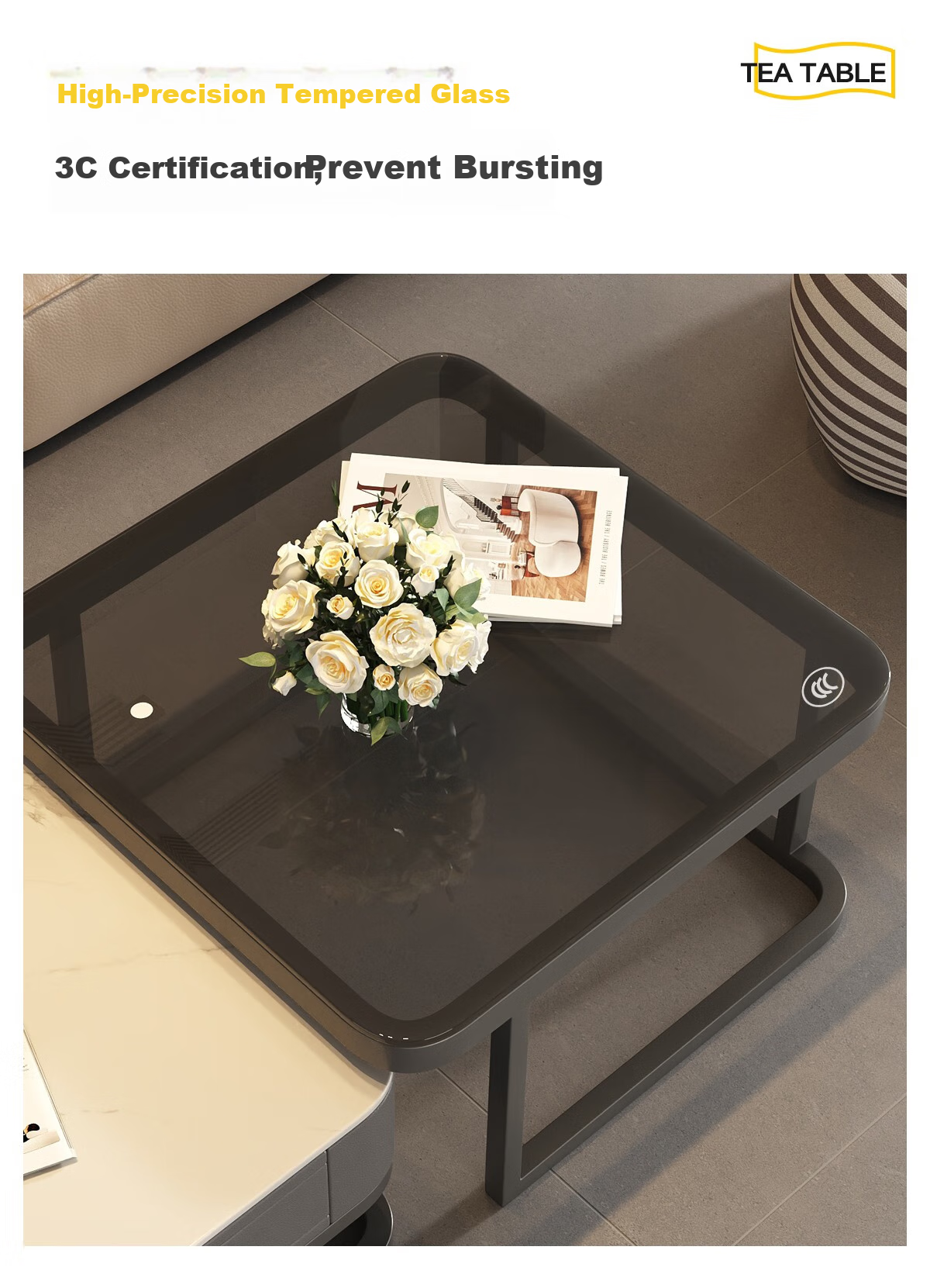 Qianxihuafu Coffee Table, Living Room Side Table for Small Apartments, High-End Light Luxury, 2026 Square Rock Slab Coffee Table, White And Gray Glass Top 17