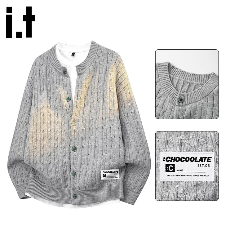 :CHOCOOLATE IT Twisted Pattern Cardigan Knit Sweater Men Autumn Winter New Trendy Warm Casual Jacket Fine Spun Gray L