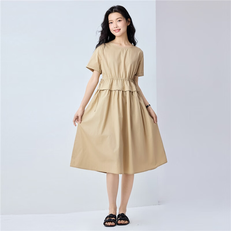 Giordano Women's New Pure Cotton Poplin Fake Two-Piece Drawstring Waist Slim Fit Round Neck Dress 05464330