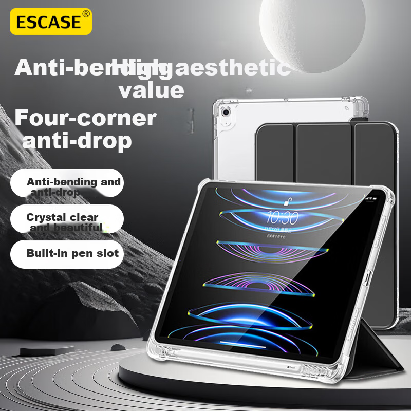 ESCASE IPad Case Compatible with IPad 9/8/7 2020/2019 Models, Transparent with Pencil Holder, 10.2-Inch Apple Tablet Full Protection Anti-Bend Anti-Drop Case, Premium Gray