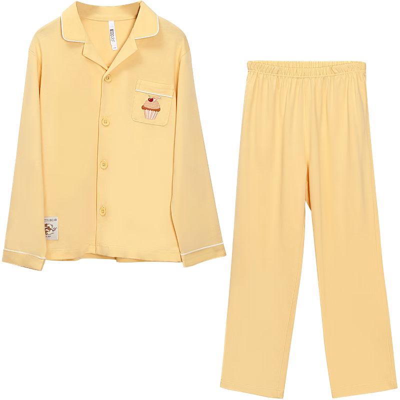 Hodohome Children's Pajamas for Girls, 7A Antibacterial Pure Cotton Long-Sleeve Loungewear, Girls' Cardigan Cartoon Print Set, 500 Yellow 160