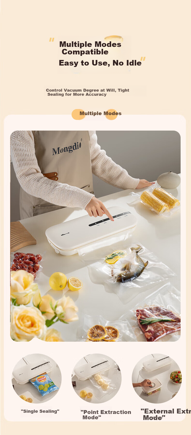Bear Vacuum Sealer Multi-Use for Dry and Wet, High Power, Strong Suction, Automatic Small Household and Commercial Vacuum Packaging Sealer, Vacuum Compression Plastic Sealing Machine, Odor Prevention, 10
