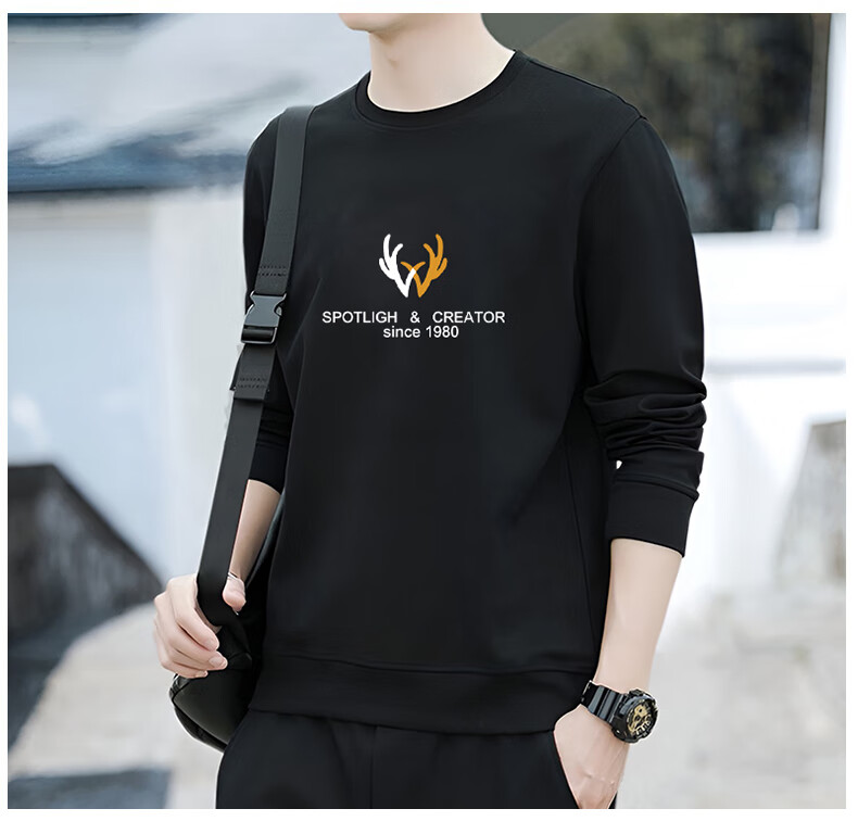 VANCAMEL Men's Autumn Casual Solid Color Crew Neck Long Sleeve Sweatshirt Black L 3