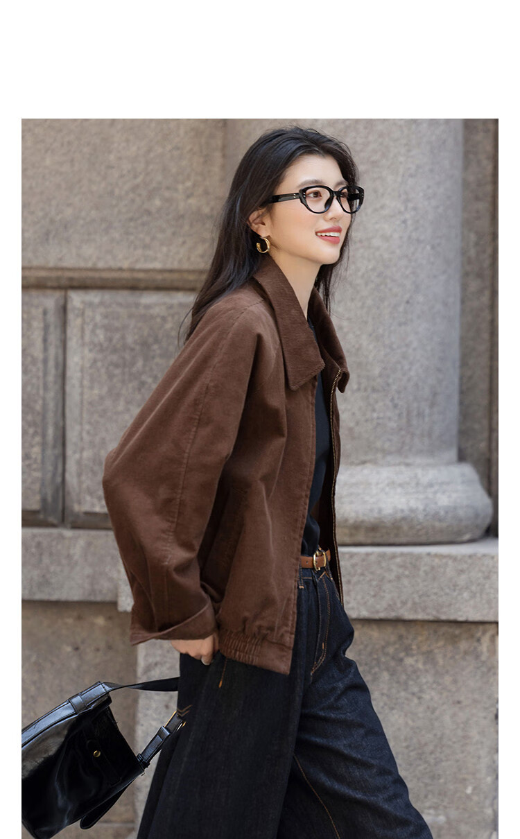 Demana [Gentle Velvet] Autumn Minimalist Retro Lapel Corduroy Elastic Hem Loose Petite Women's Jacket 3