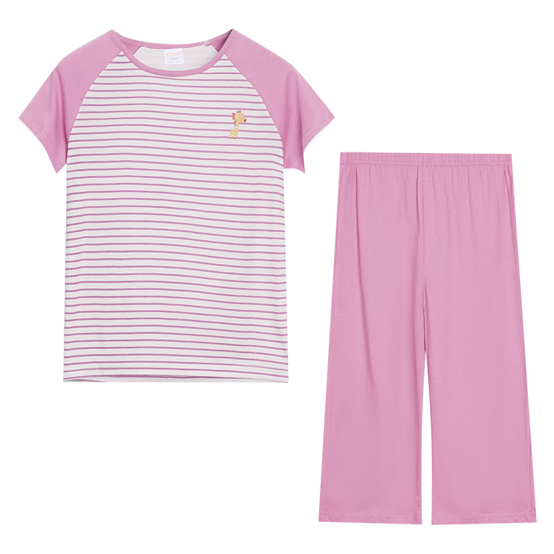 Hodohome Children's Pajamas, Girls' Pure Cotton 7A Antibacterial Short-Sleeve Capri Pants, Home Wear, Cartoon Air Conditioning Suit for Girls, 302 Pink, Size 130