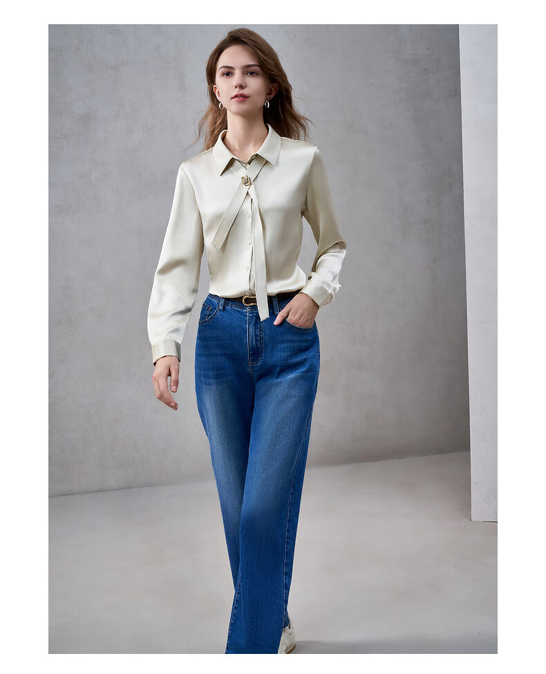 G2000 Satin Fabric with Brooch Tie Women's 2025 Autumn Winter Long Sleeve Casual Shirt Mall Edition 11