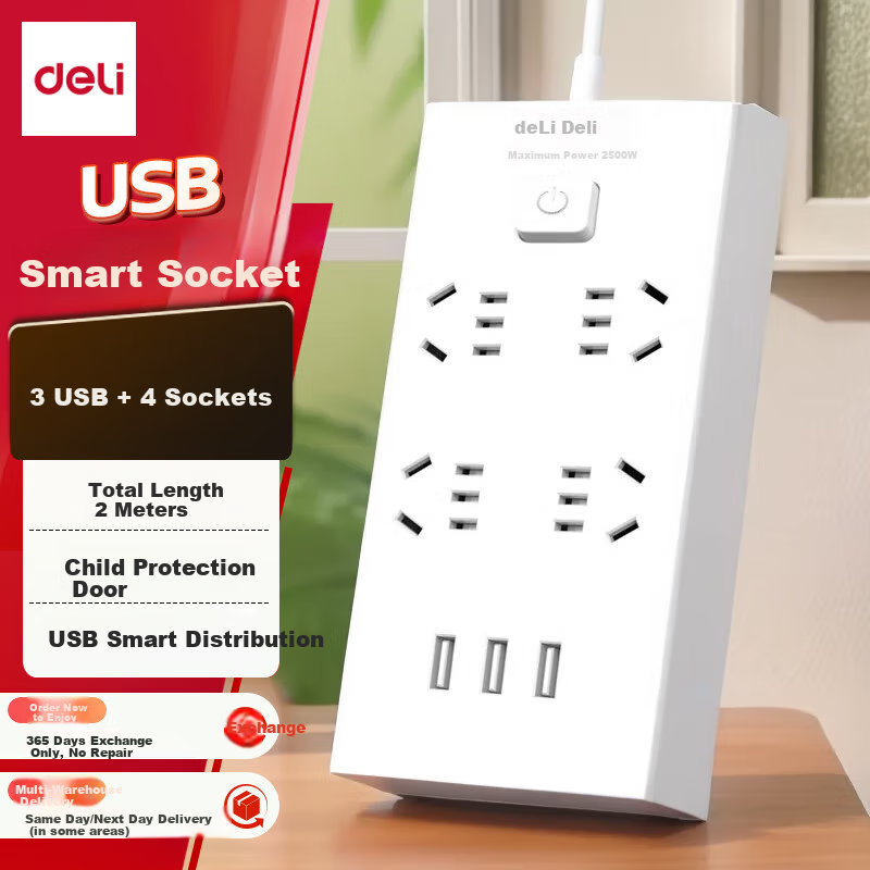 Deli USB Smart Power Strip, Extension Cord/Power Bar/Outlet Strip, 3 USB Ports + 4 5-Prong Outlets, Master Switch 2 Meters, Child Safety Lock, 18282