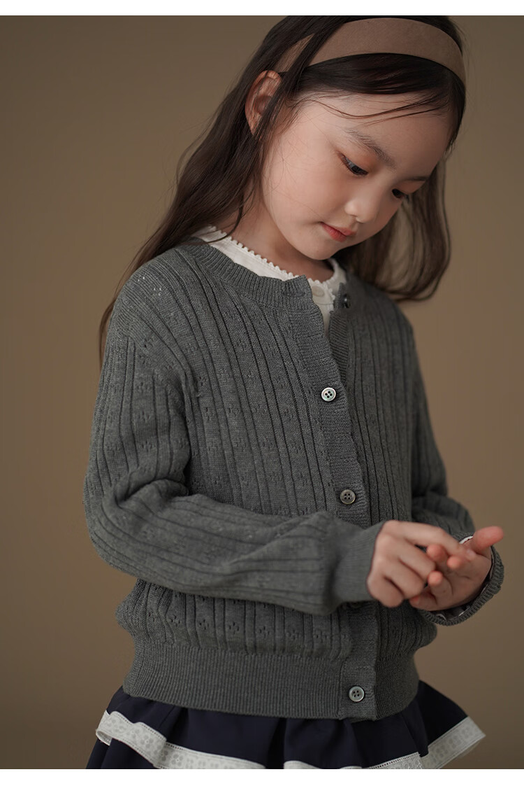 Hacikis Kids Spring and Autumn Knitted Cardigan Simple High-End Feel Skin-Friendly Girls' Mid to Big Kids Gray 160 9