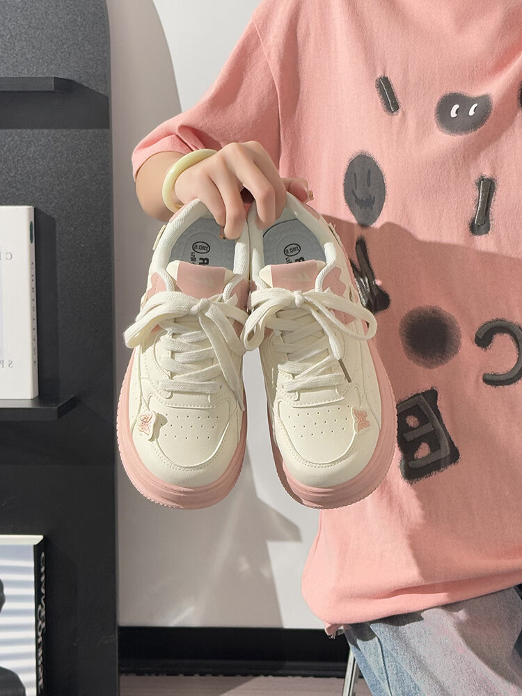 Huili Pink Butterfly Platform Shoes for Women, New Soft-Soled Comfortable Casual Shoes, Beige Pink, Size 36 (Runs Small Half Size) 7