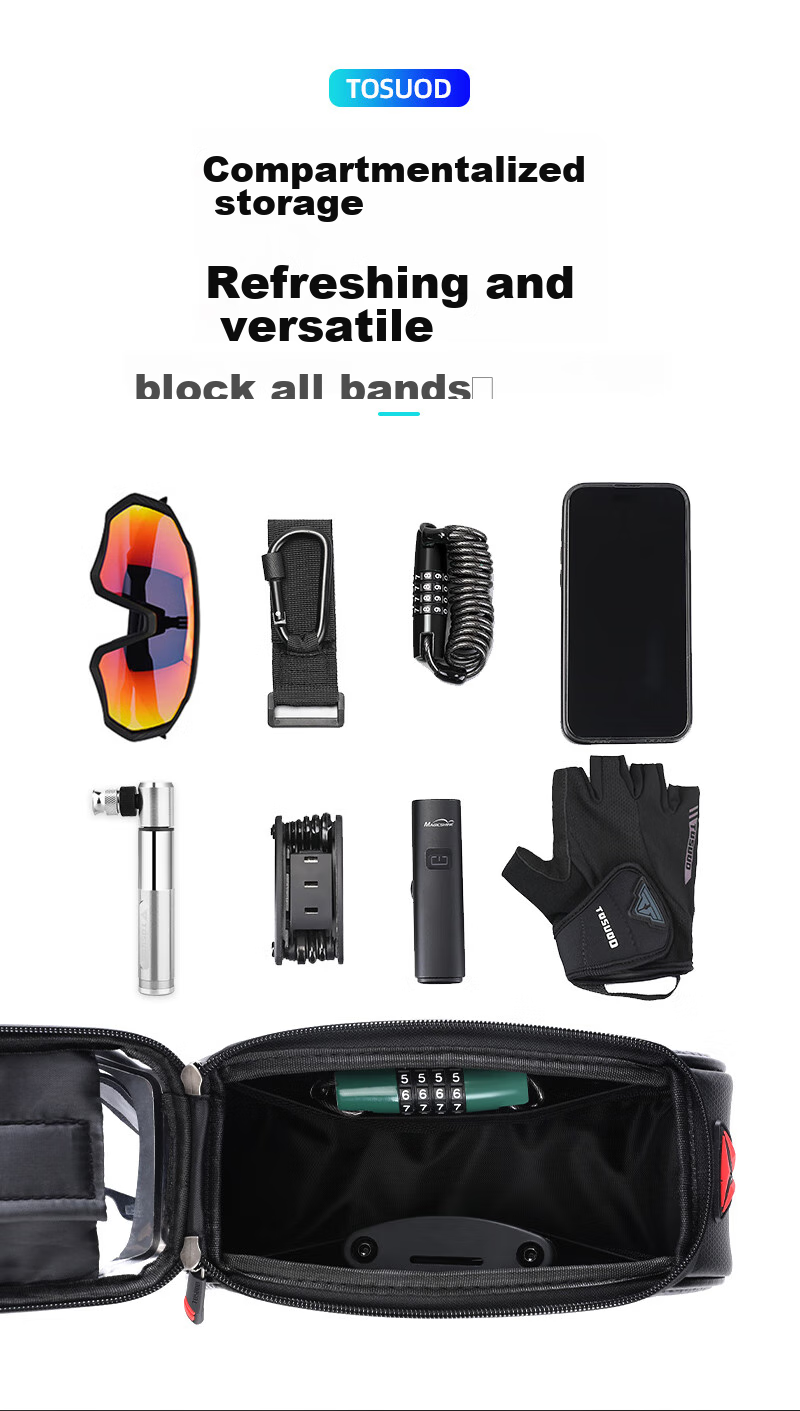 TOSUOD Bicycle Front Frame Bag Phone Tool Storage Bag Mountain Road Bike Top Tube Bag Cycling Gear 2.0L 26