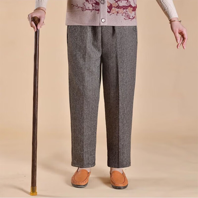 Moou Middle-aged and Elderly Women's Pants Mom Style Autumn Winter Fleece Lined Warm Elastic Waist Straight Leg Pants for 60-Year-Old Grandma