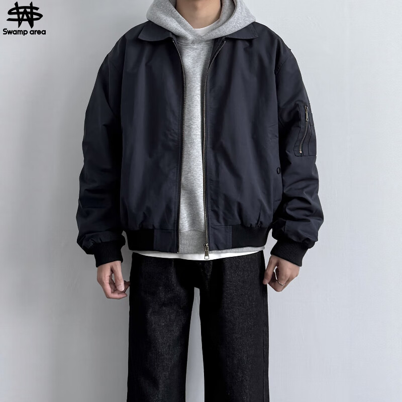 SWAMP AREA Men's Flight Jacket Autumn Winter American Style Short Trendy Baseball Jacket Spring Cool Casual Coat SWC261 Navy XL