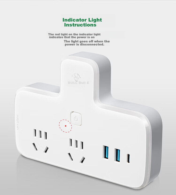 BULL 30W PD Apple Fast Charging Socket Adapter, One-To/One-To Socket/Converter Plug/Adapter/power Strip, 2 Master Switches + 3 USB Ports, GN-96021Q30 4