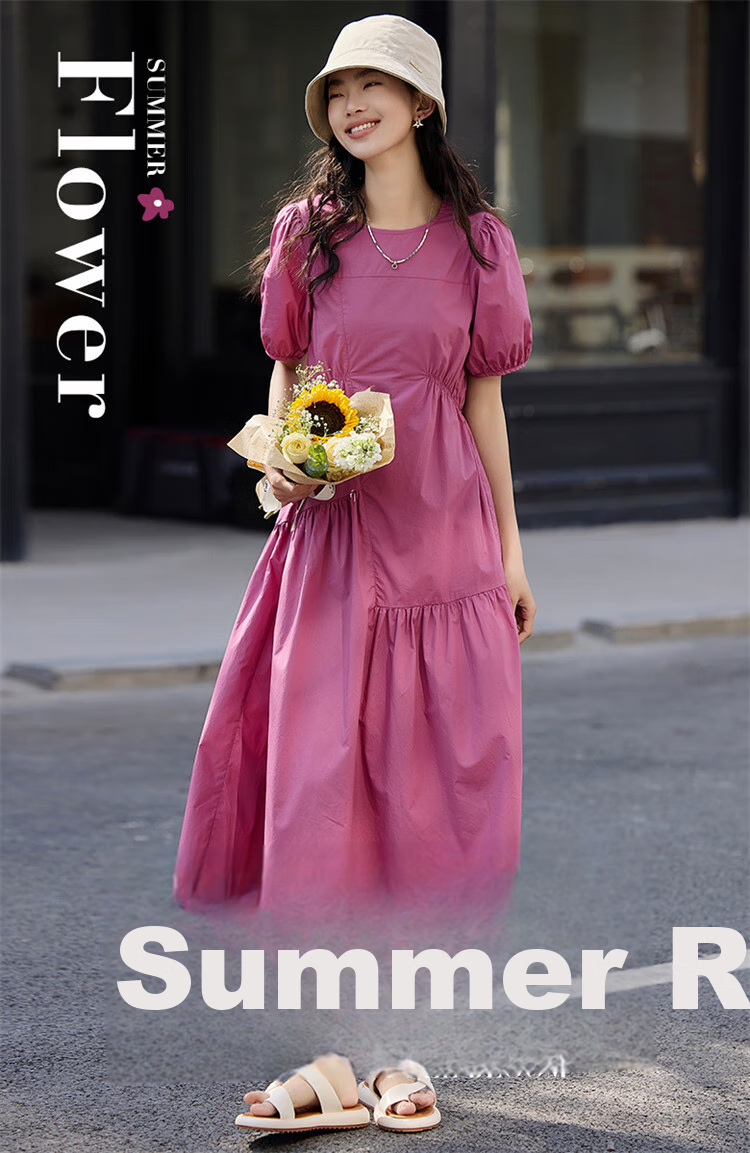 Dme [Puff Sleeve Ruched Dress] Summer Dopamine Sweet Style Round Neck Dress 1