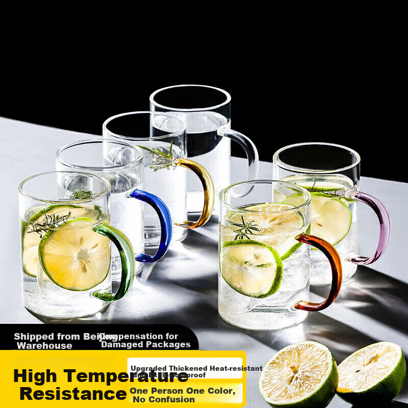 WEIMINGNUO Glass Drinking Cups Heat-Resistant Tea Cups Set with Handles for Home Use, Transparent High Borosilicate Glass Cups, Set of 6, 300ML Each