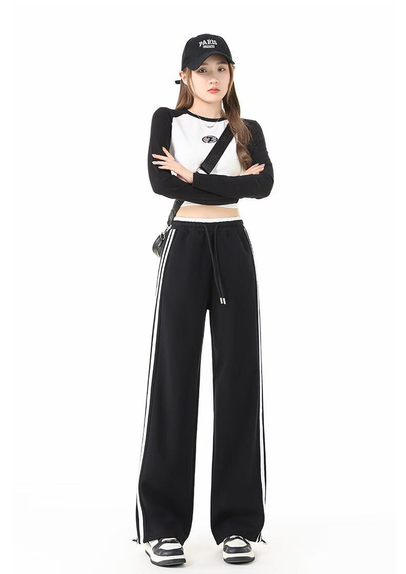 MJ STYLE Striped Wide-Leg Pants for Women, Autumn 2026 Collection, Patchwork Waistband, Casual American-Style Student Two-Way Straight-Leg Sports Sweatpants 12