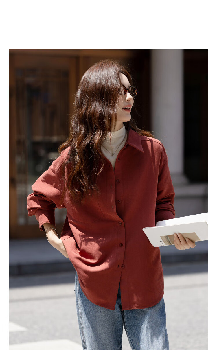 Demana Glossy Peach Skin Autumn Vintage Urban Lapel Single-Breasted Loose Elegant Shirt for Women 2