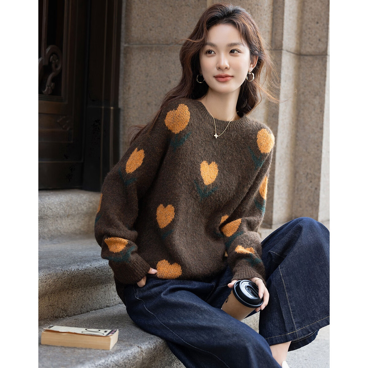Demana [Warm Secret] Winter Lazy Style Colorblock Jacquard Crew Neck Wool Blend Knit Sweater for Women
