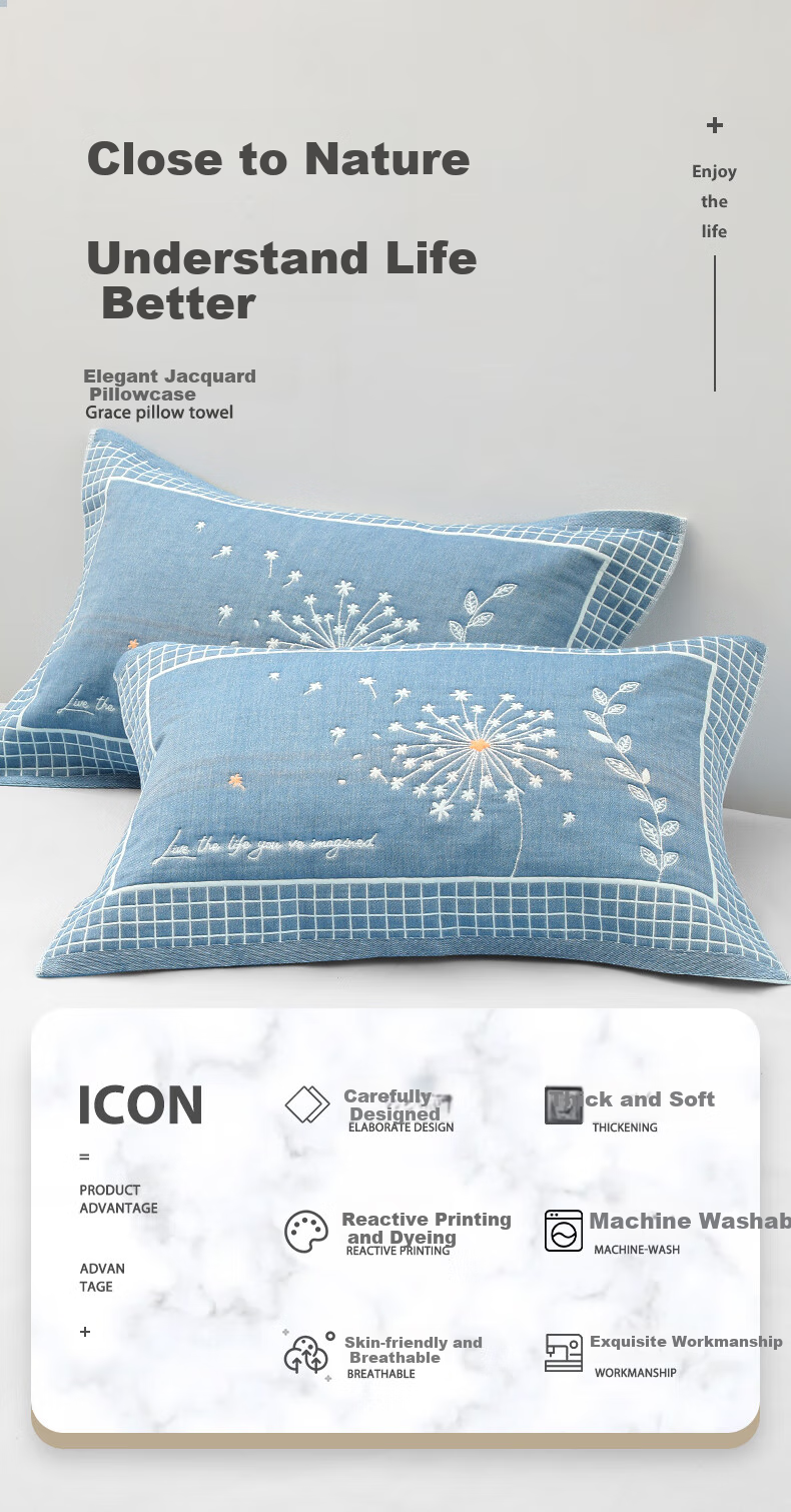 Grace 7A Antibacterial Four-Layer Breathable Extra Large Thick Gauze Pillowcase, Qinghuan-Blue, 78*52cm, One Pair 1