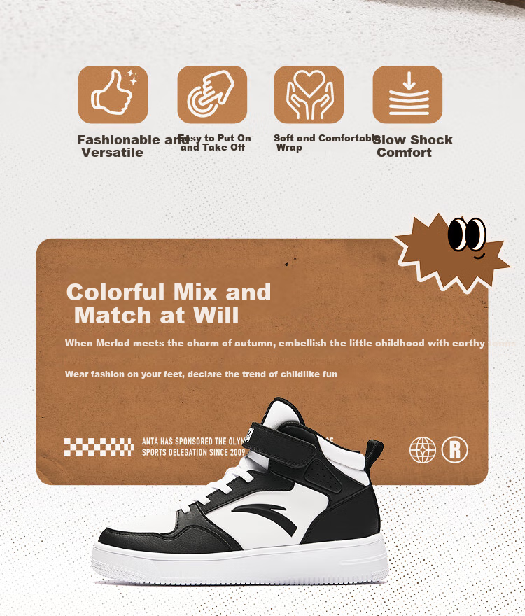ANTA Children's Sports Shoes for Boys, Big Kids' Size 25, Autumn And Winter Casual Shoes, White Sneakers, High-Top Skateboard Shoes A12438004H 24