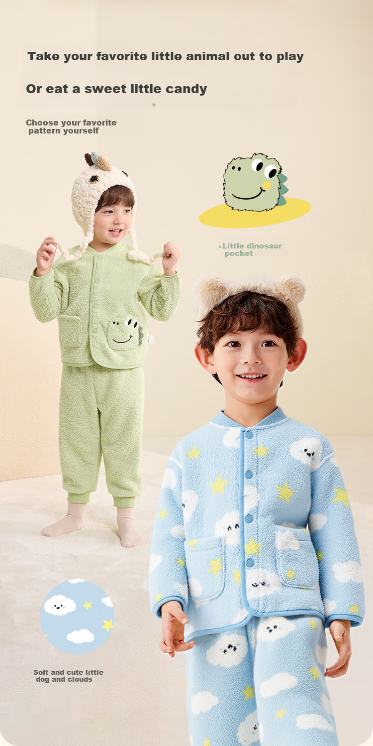 BALABALA BalaOne Children's Home Wear Set for Boys And Girls, Winter New Style Half-Fleece Warm Pajamas 4