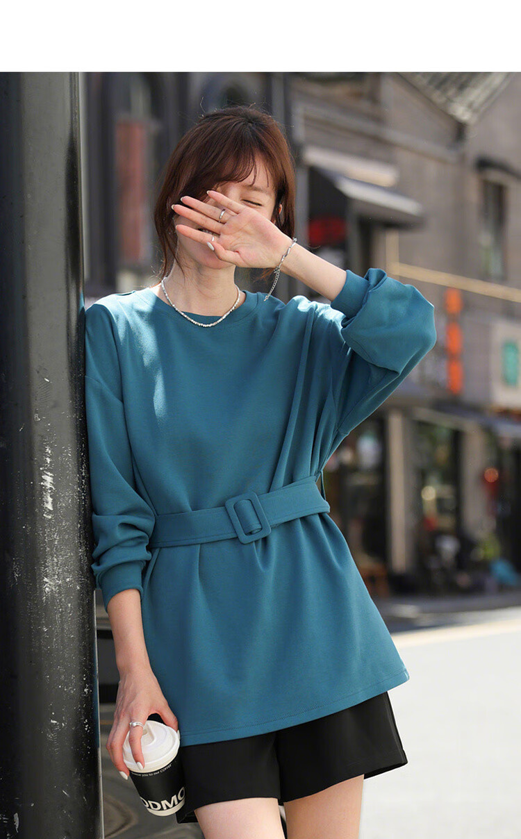 MT Soft Touch Cloud Cotton Autumn Stylish Belted Round Neck Loose Comfortable Mid-Length Sweatshirt for Women 3