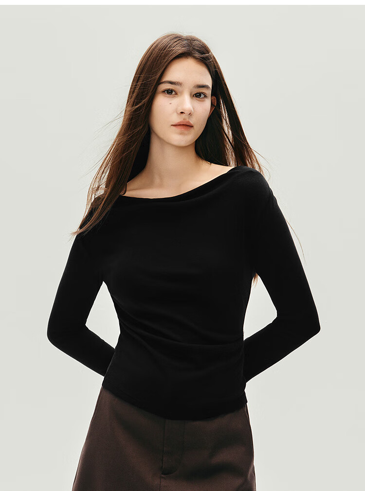 Semir Women's Long Sleeve T-shirt Short Thin Solid Color Design Sense 2025 Autumn Slim Dangling Neck Pullover 107625101001 13