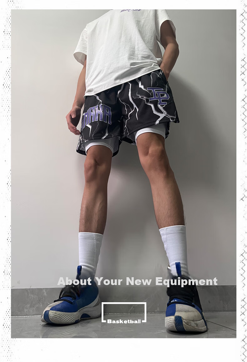 BKCXZICE SMVP Lightning Print American Retro Basketball Shorts, Quick-Drying Breathable Mesh Running Sports Fitness Pants Beach Shorts 5