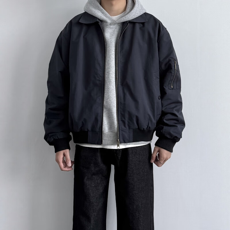 SWAMP AREA Men's Flight Jacket Autumn Winter American Style Short Trendy Baseball Jacket Spring Cool Casual Coat SWC261 Navy XL 1