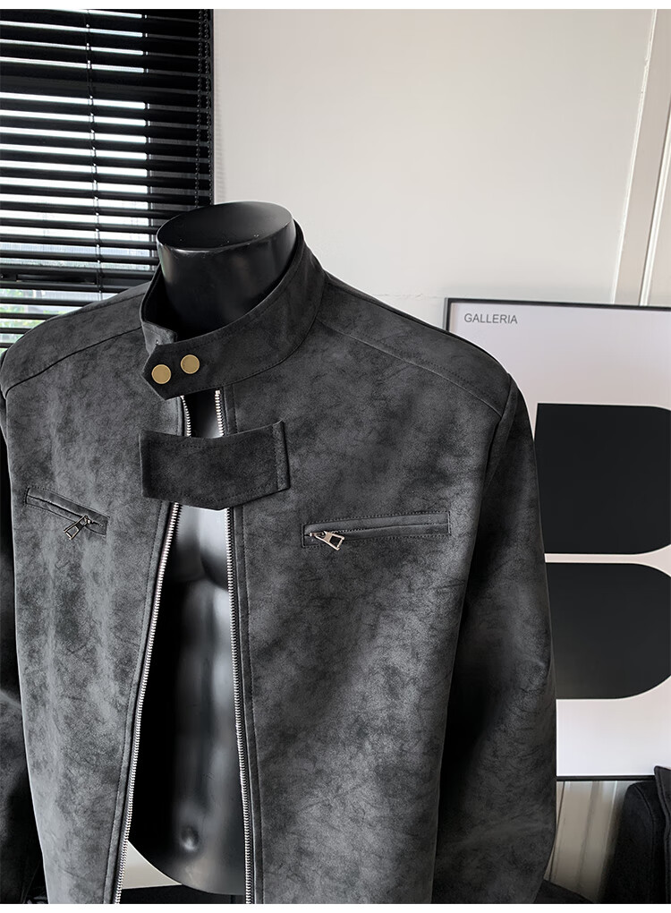 IZEXX Men's American Style Tie-Dye Jacket Autumn Winter Stand Collar Trendy Shoulder Motorcycle Leather Jacket ZGJ58 Black XL 7