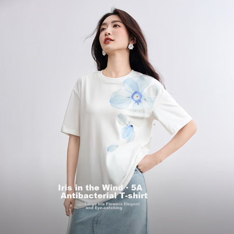 Sentubila Cotton-Padded Tie-Dye Iris Round Neck Drop Shoulder Short Sleeve T-Shirt for Women, Summer Commute Loose Fit Slimming Elegant Top