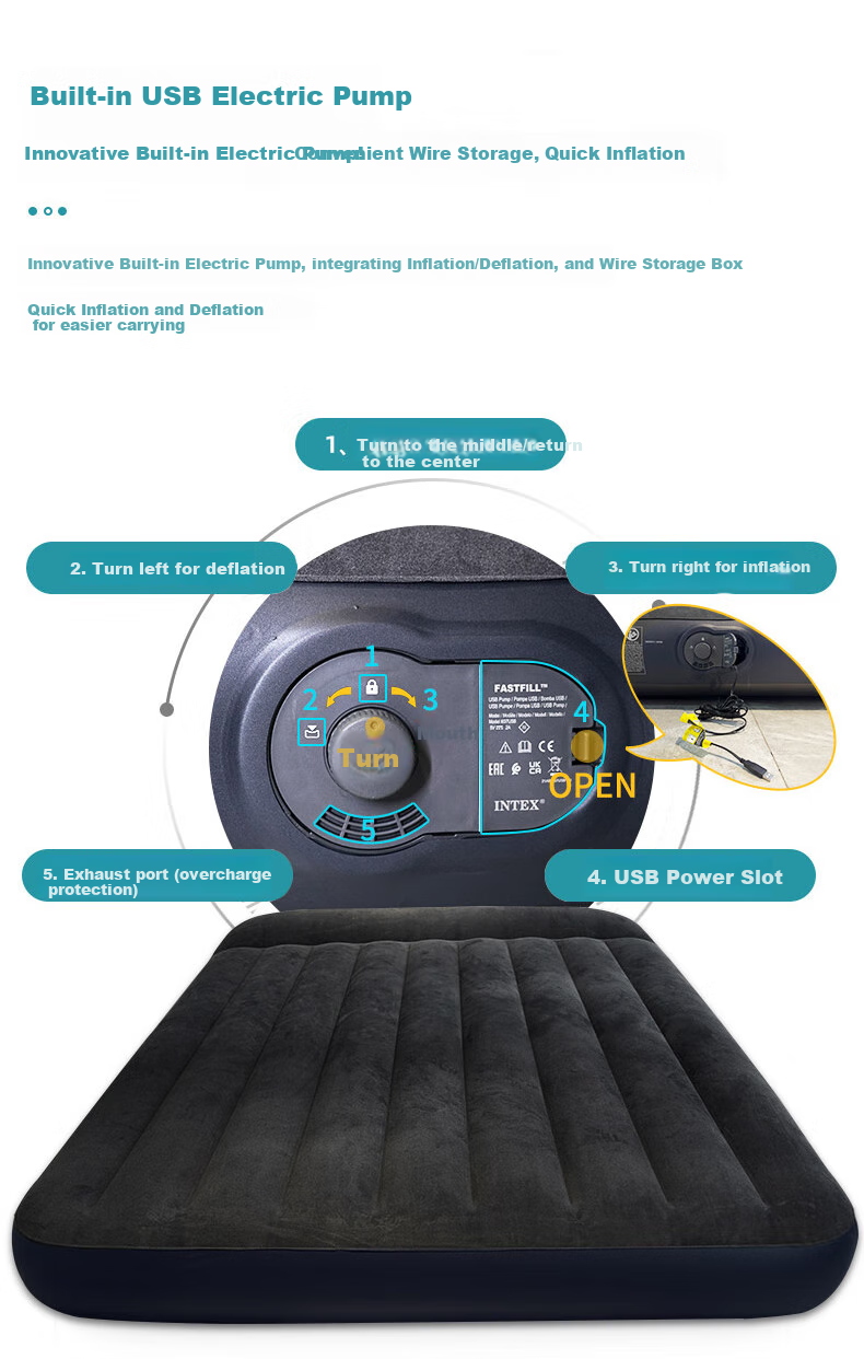 INTEX Built-In Electric Pump USB Port Automatic Inflation Double-Person Air Mattress for Car And Home Use, Foldable Inflatable Bed 66128 8