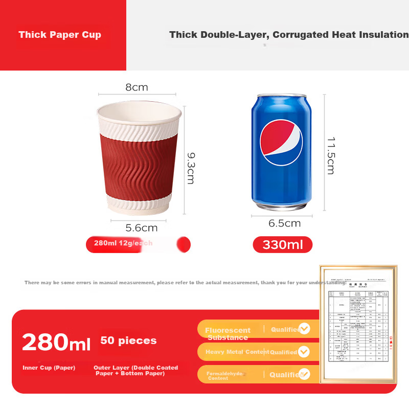 Baijie Disposable Coffee Cups, Disposable Cups, Corrugated Paper Cups for Milk Tea, Hotels And Home Use, 280ml, 50 Pieces